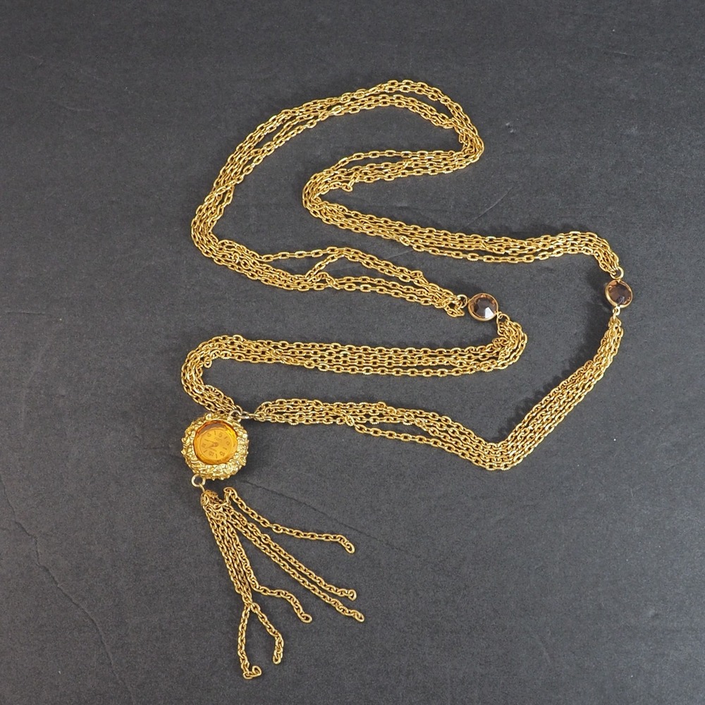 Torino Swiss 17 Jewel Watch Necklace Multi Strand Station Tassel Gold Tone VTG